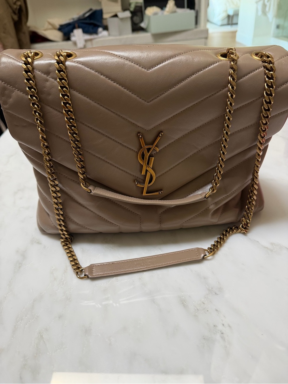 Saint Laurent Quilted Leather Shoulder Bag in Taupe Beige with Gold Hardware